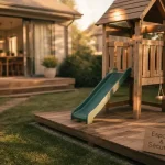 Air de jeux enfant en bois massif avec zone sécurité jardin