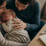 Bébé pleure beaucoup après vaccin à 2 mois, parents le réconfortent, carnet de santé visible