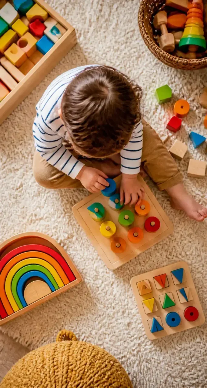 Un enfant joue avec des jouets éducatifs en bois colorés