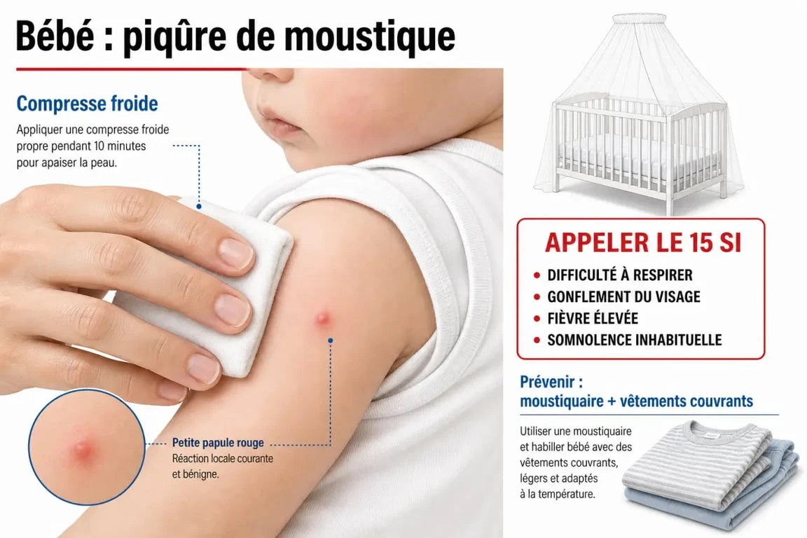 Piqûre moustique bébé : illustration des signes à surveiller, gestes pour soulager et prévention