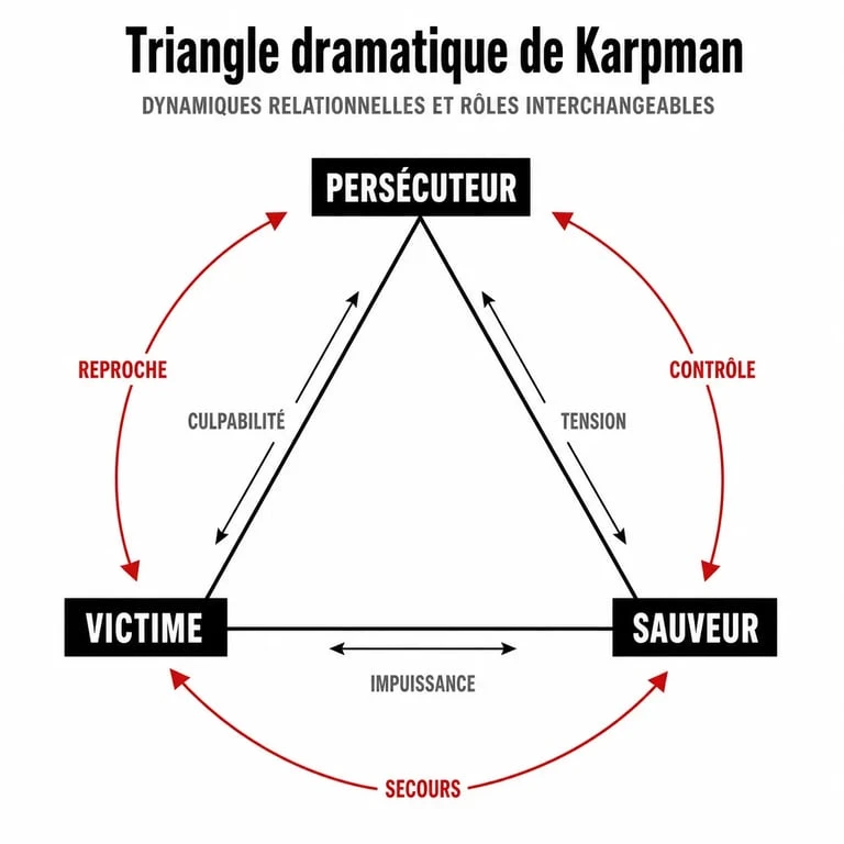 Schéma explicatif du triangle de Karpman montrant les rôles de victime, persécuteur et sauveur