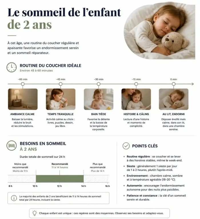 Infographie sur le sommeil de l'enfant de 2 ans : routine du coucher et besoins en heures de sommeil
