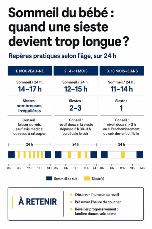 Faut il reveiller bebe sieste trop longue : infographie sur les repères d’âge et les moments où réveiller bébé