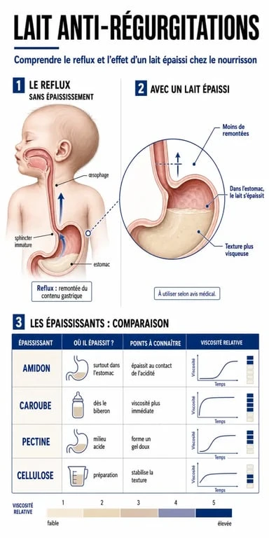 Infographie sur le lait anti régurgitations chez le nourrisson, son action contre le reflux et les principaux types d’épaississants