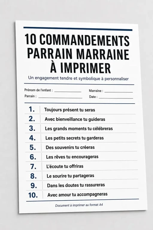 10 commandements parrain marraine à imprimer en modèle A4 prêt à personnaliser et à imprimer