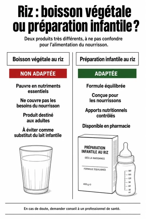 Infographie comparative entre boisson végétale au riz et préparation infantile pour bébé