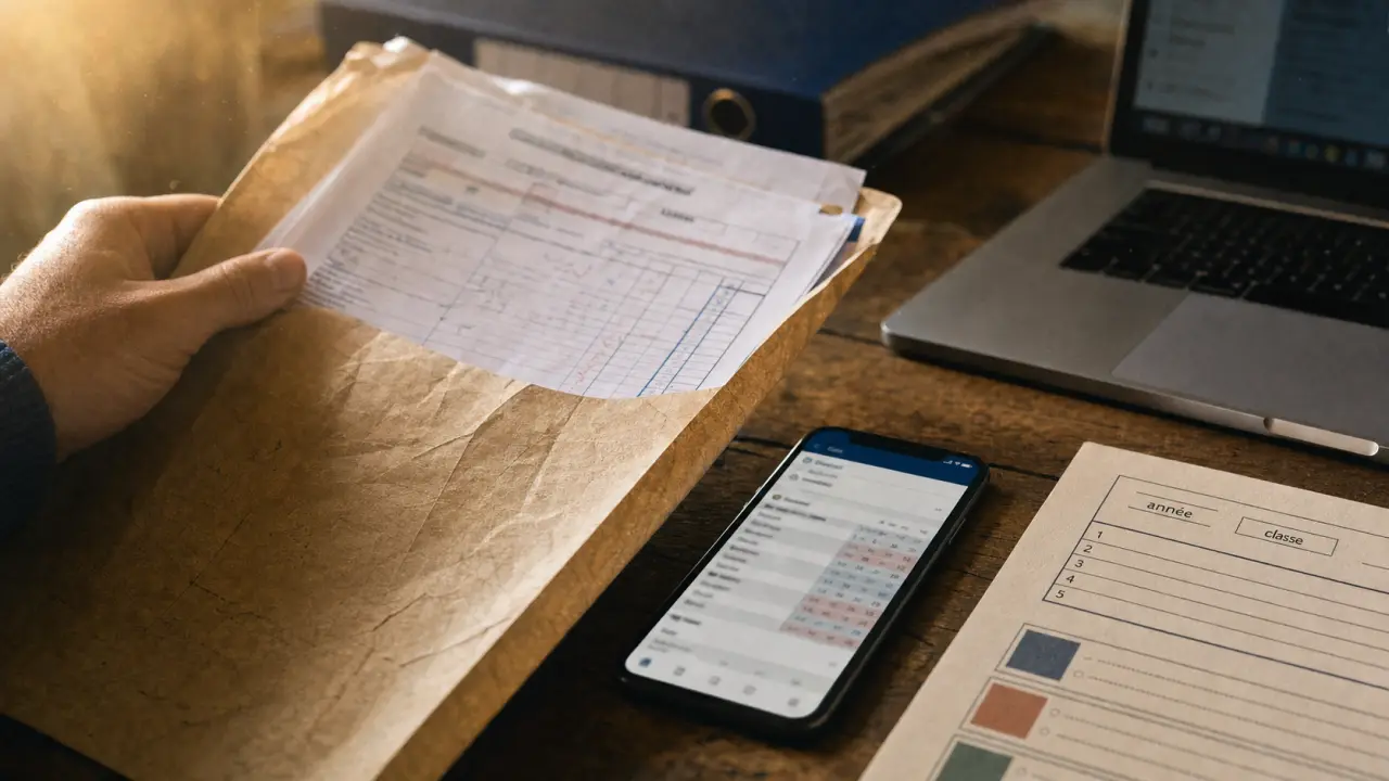 ENT pour retrouver bulletins scolaires : aperçu notes sur smartphone et enveloppe dossiers