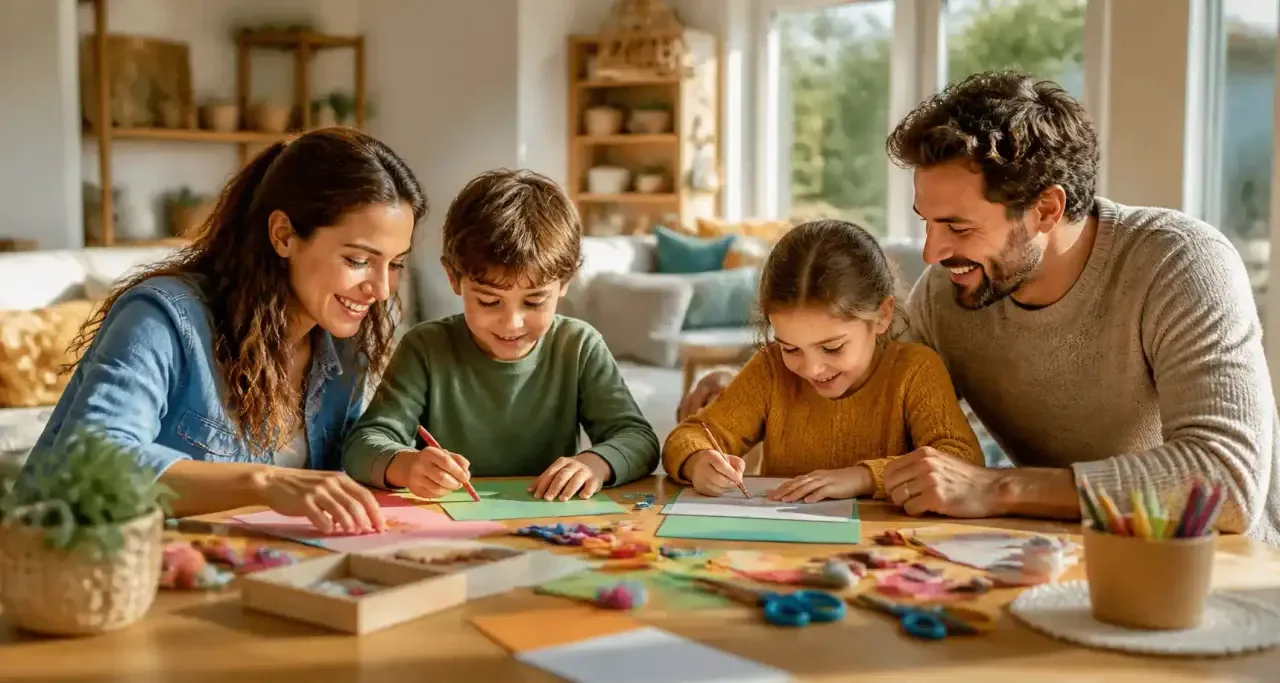 Une famille heureuse partage une activité créative dans le salon