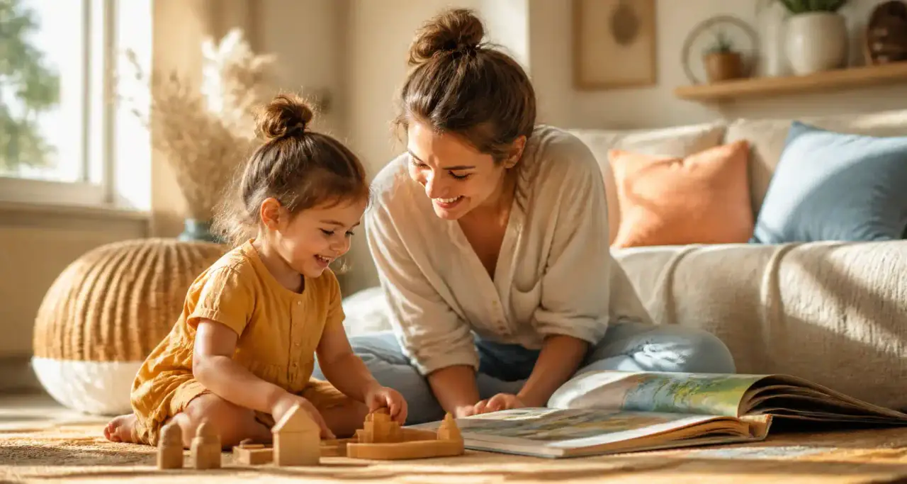 Parent et jeune enfant complices jouant ensemble avec des jouets en bois dans un salon lumineux et chaleureux