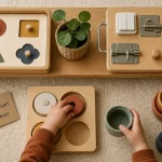 Jeu Montessori 18 mois : mains manipulant puzzle en bois et empilage