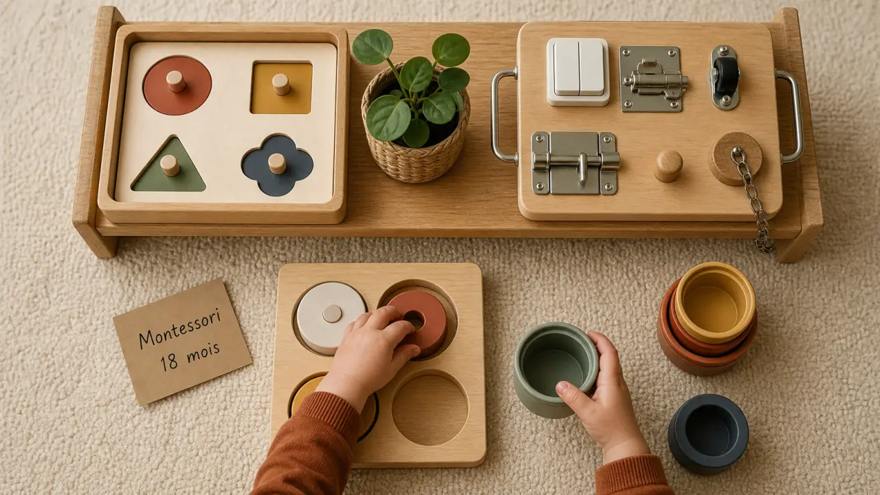 Jeu Montessori 18 mois : mains manipulant puzzle en bois et empilage