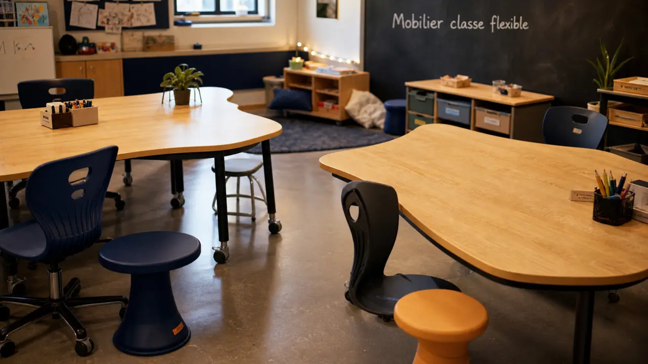 Mobilier scolaire classe flexible : tables mobiles sur roulettes et rangements