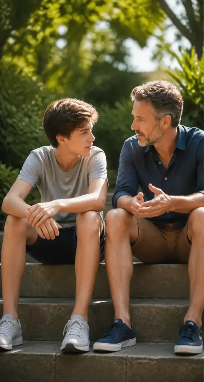 Un parent et son adolescent échangent avec bienveillance en extérieur