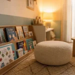 Coin lecture enfant dans le salon, tapis et livres