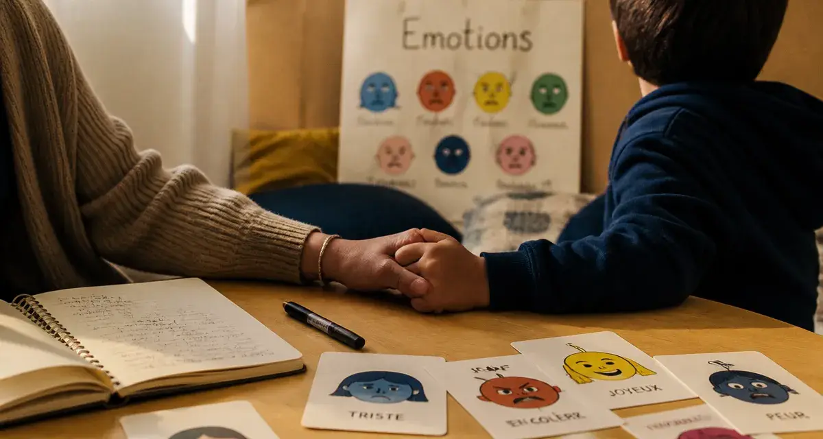 Émotions enfance : nommer sans tout accepter, main enfant et carnet