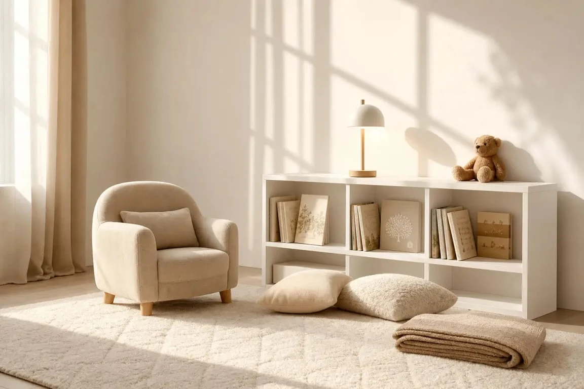 Coin lecture enfant cosy avec fauteuil bas, livres visibles et lumière douce