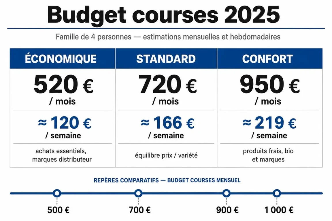 Budget courses pour 4 personnes par mois 2025 : comparaison visuelle des paliers économique, standard et confort
