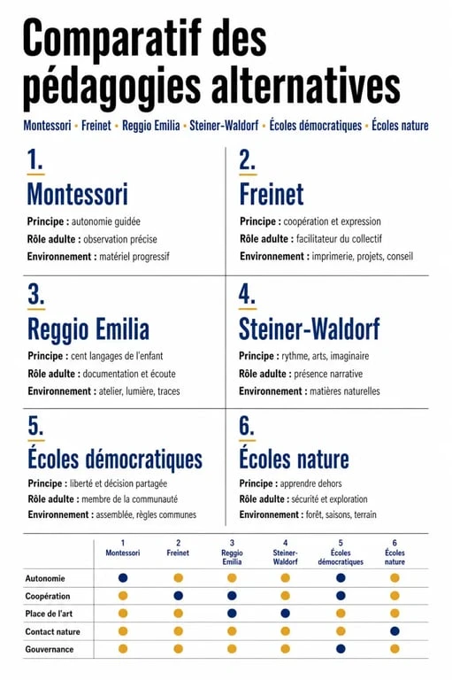 Ecoles alternatives : comparatif visuel des pédagogies Montessori, Freinet, Reggio Emilia, Steiner-Waldorf et école nature