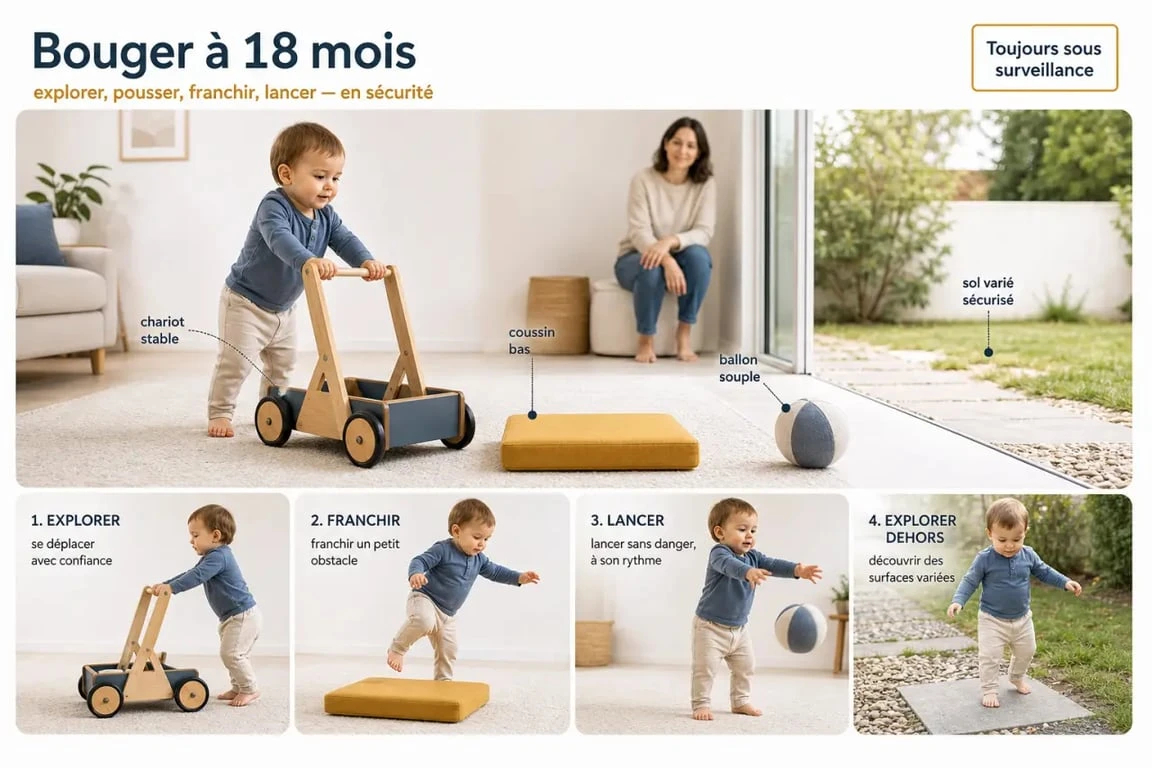Quelle activité physique pour bebe 18 mois : illustration d’un tout-petit faisant un parcours de motricité et jouant au ballon en sécurité