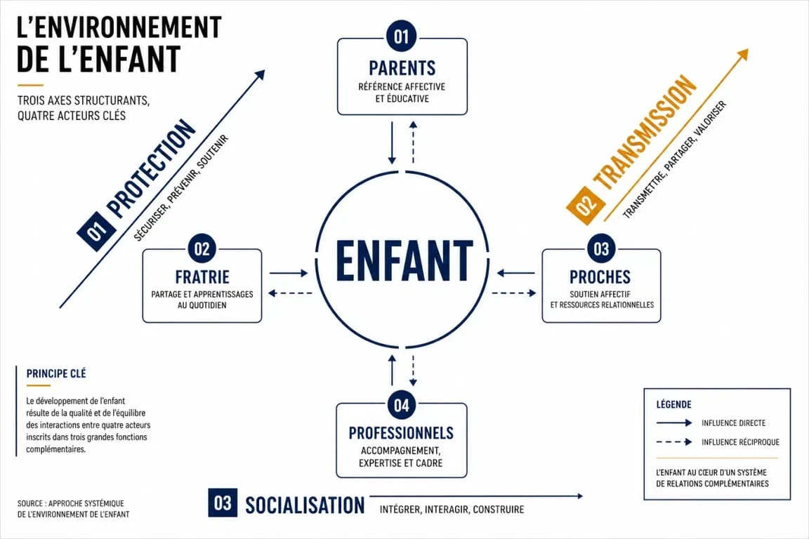 Schéma de l’éducation familiale montrant parents, fratrie et professionnels autour de l’enfant