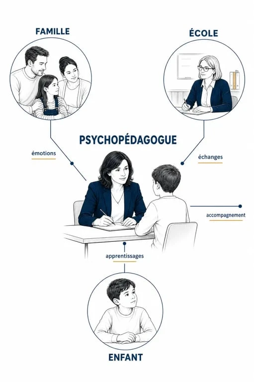 Psychopédagogue : schéma éditorial du lien entre l’enfant, la famille et l’école