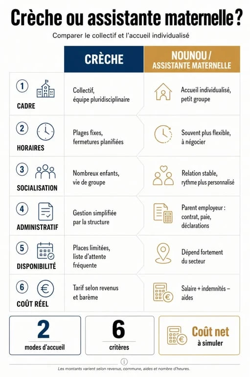 Nounou ou creche : tableau comparatif des critères pour choisir le mode de garde