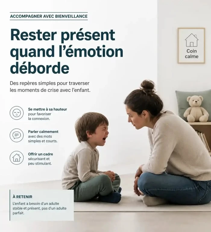 Émotions enfance : adulte qui accompagne une crise émotionnelle avec calme et sécurité
