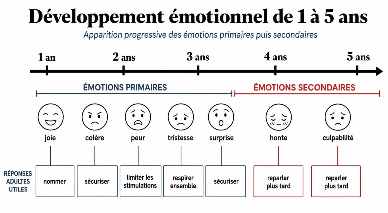 Émotions enfance : frise des émotions primaires et secondaires avec réponses adultes utiles