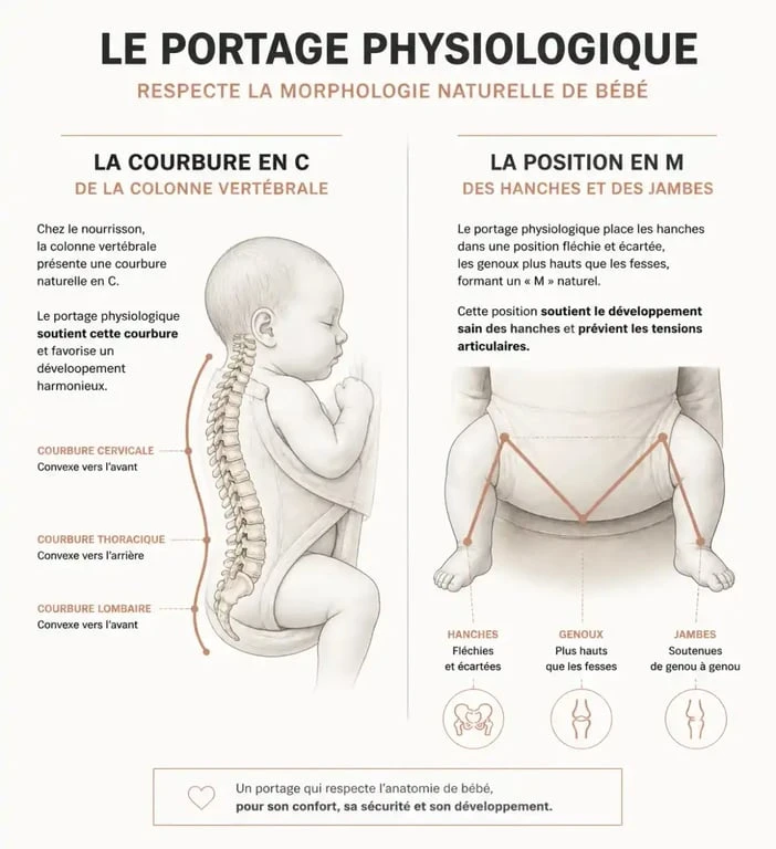 Schéma illustrant la position physiologique en M et la courbure en C pour un portage bébé sécurisé