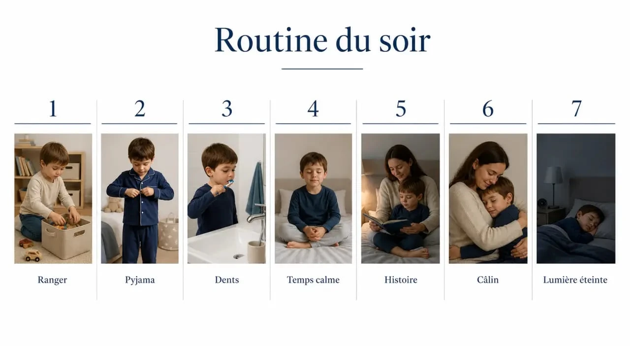 Routine du soir enfant illustrée en séquence calme avec pyjama, brossage des dents, histoire et coucher