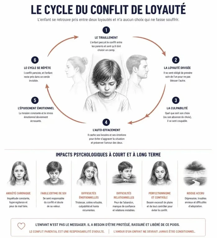 Schéma des impacts psychologiques sur l'enfant lors d'un dénigrement parental