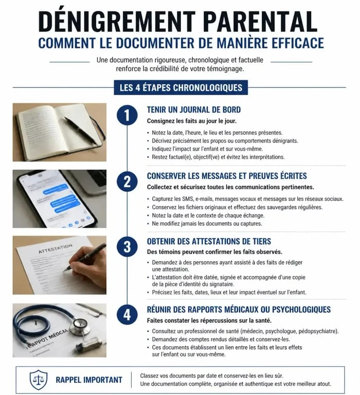 Infographie des étapes pour documenter un père qui dénigre la mère devant un tribunal