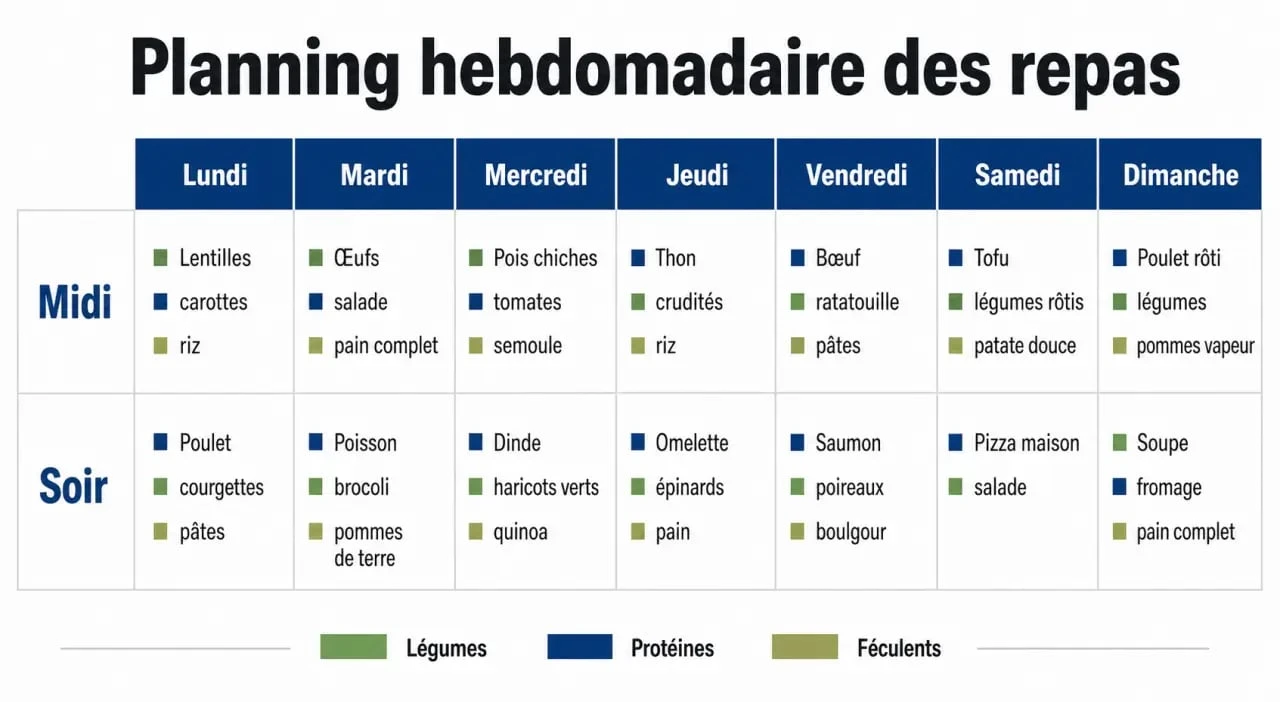 Planning menu équilibré semaine pour famille présenté dans un tableau hebdomadaire clair et lisible
