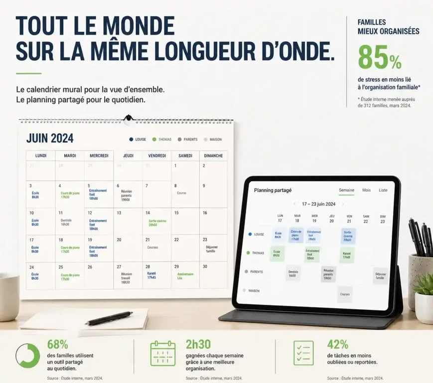 Organisation familiale : équilibre entre outils numériques et planning papier pour une gestion proactive du foyer.
