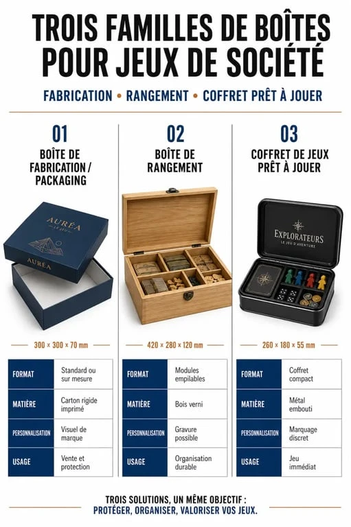 Comparatif des boîtes de jeux de société selon le format, la matière et l’usage