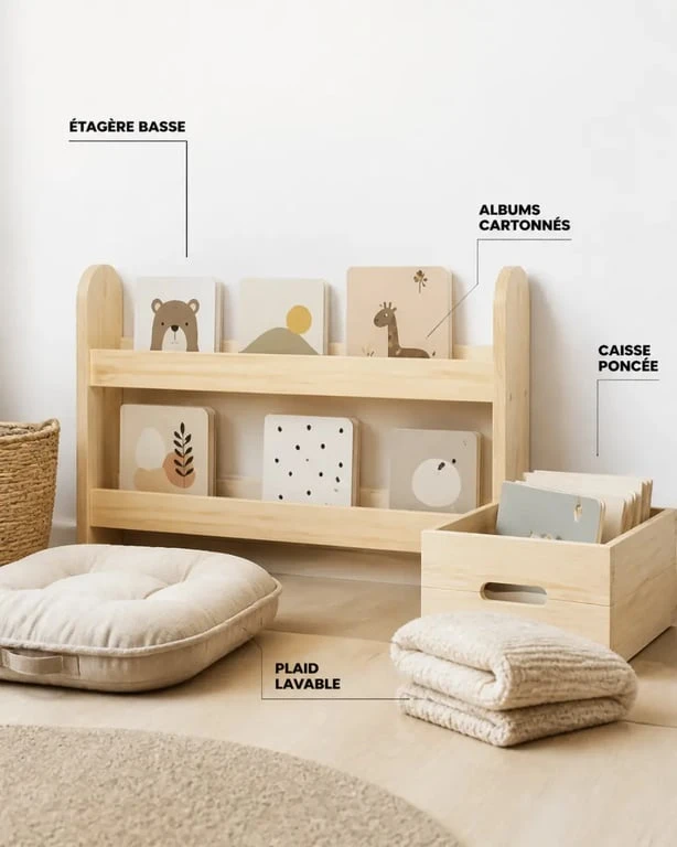 Mobilier et rangements de coin lecture bebe avec étagère basse, caisse en bois et livres visibles