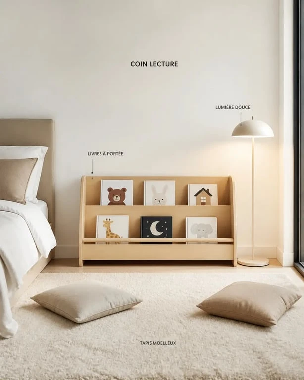 Coin lecture bebe dans une chambre avec bibliothèque basse, tapis moelleux et lumière chaude