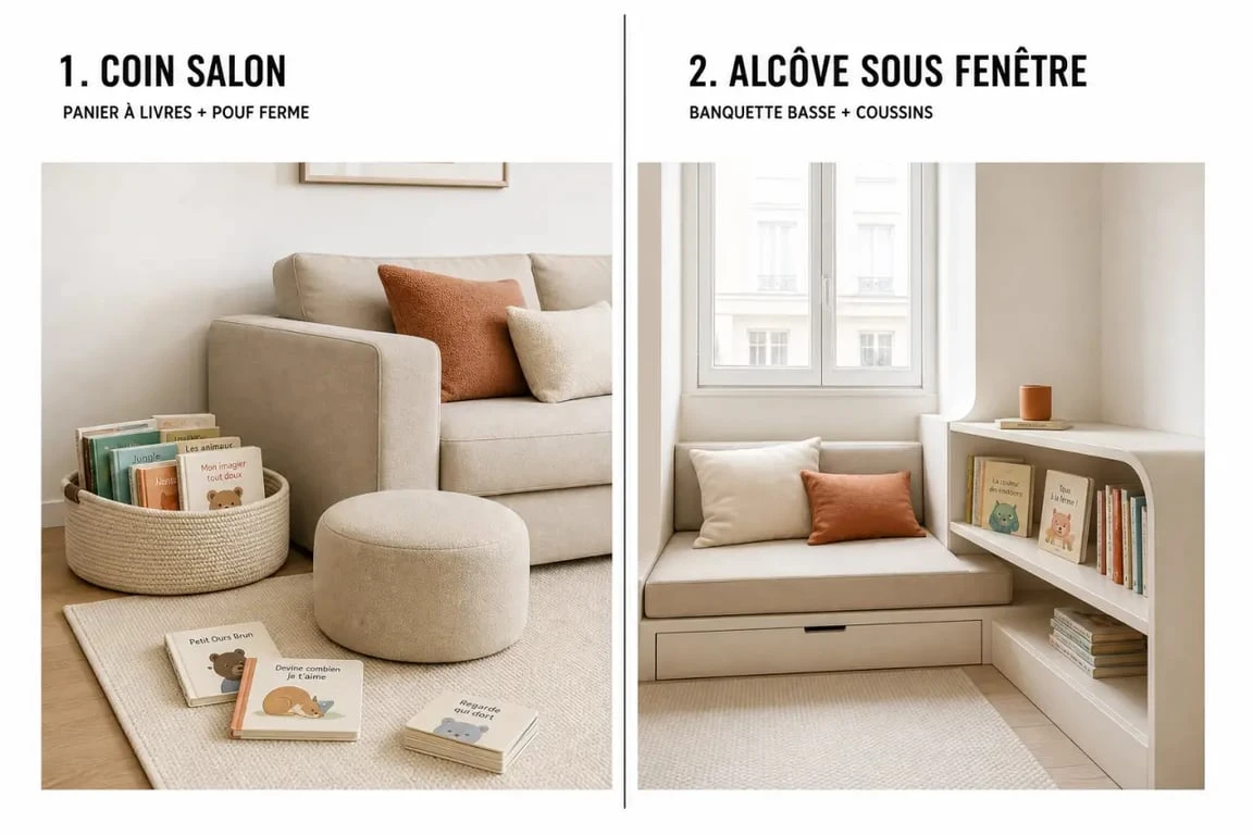 Coin lecture bebe en salon et en alcove sous fenêtre avec assises basses et rangement simple