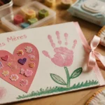 Carte Fête des Mères maternelle faite main, cœur en papier et empreinte fleur