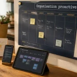 Organisation familiale : grille hebdomadaire et agenda partagé en cuisine