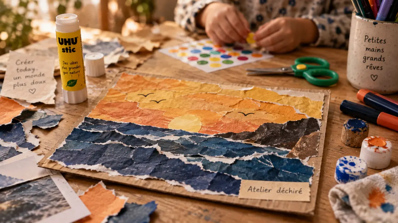 Activités manuelles enfants : collage papier déchiré sur carton