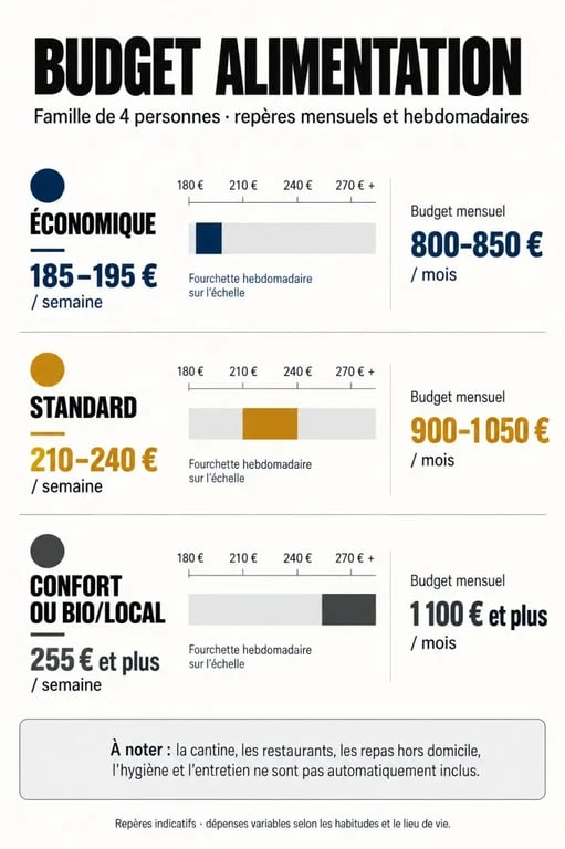 Budget alimentation famille 4 personnes : repères hebdomadaires et mensuels selon trois profils de panier