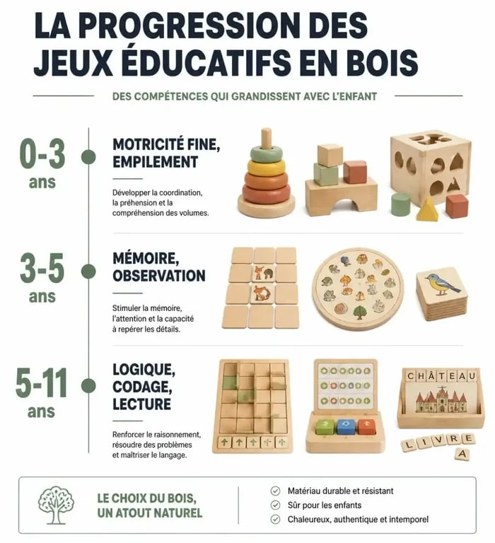 Infographie des jeux éducatifs en bois par âge et compétences développées