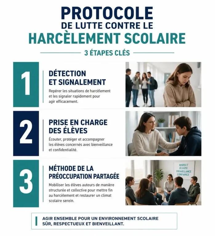 Infographie des étapes du protocole harcèlement scolaire école primaire