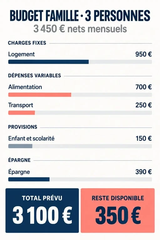 Infographie d’un exemple budget famille 3 personnes avec répartition des dépenses mensuelles
