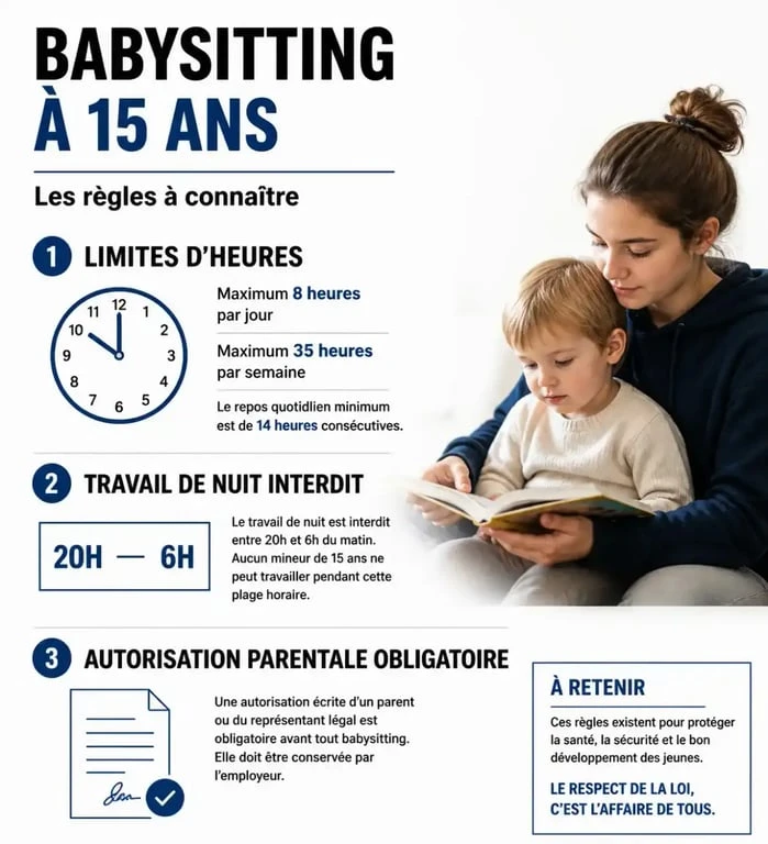 Infographie des règles légales pour le babysitting à 15 ans