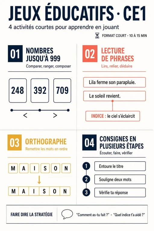 Infographie sur les jeux éducatifs CE1 pour travailler les mathématiques, la lecture et l’orthographe