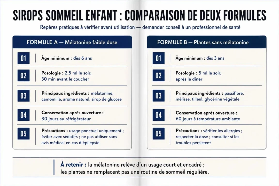 Sirop sommeil enfant : comparaison des âges, dosages et précautions entre deux formules