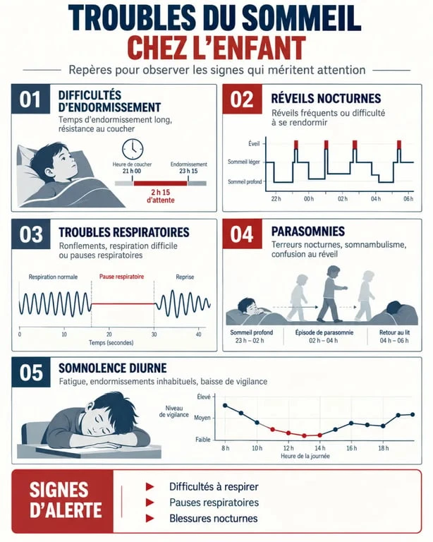 Infographie sur le trouble du sommeil chez l’enfant et ses principaux signes