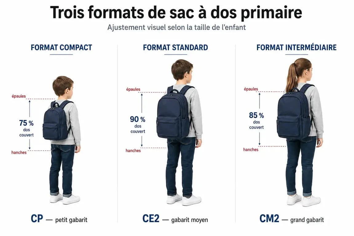 Sac à dos école primaire comparé en plusieurs tailles pour montrer l’ajustement selon l’âge